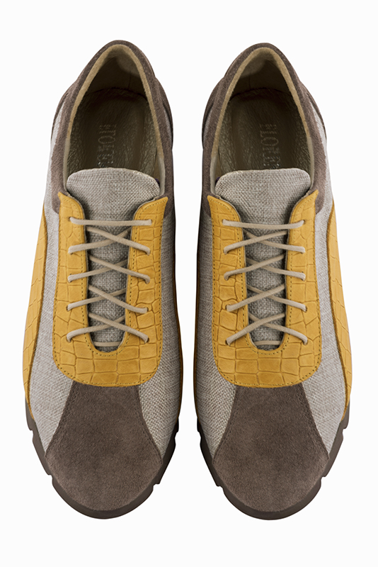 Chocolate brown, natural beige and mustard yellow women's three-tone elegant sneakers. Round toe. Flat rubber soles. Top view - Florence KOOIJMAN